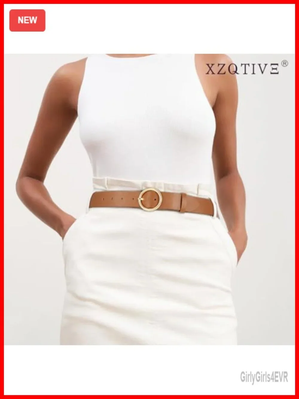 Vegan Leather Women Belt with Circle Gold Buckle Fashion Waist Belt for Jeans